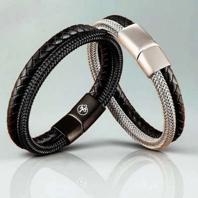 Bracelet homme WseSto cuir acier inoxydable fermeture magnétique chaîne... - Photo 1/4