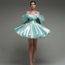 Off The Shoulder Homecoming Dresses Above Knee Pleat Mini Satin Prom Dresses