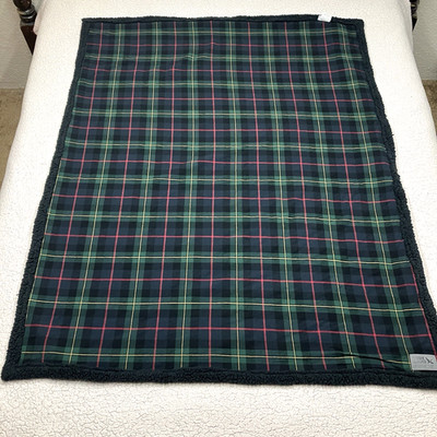 Eddie Bauer Sherpa Lined Throw Blanket Plaid Dark Green Black 50 x 60'' Cozy