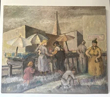 ANTIQUE IMPRESSIONIST PAINTING STREET MARKET VENDOR PRODUCE WPA ERA WALKER LARGE