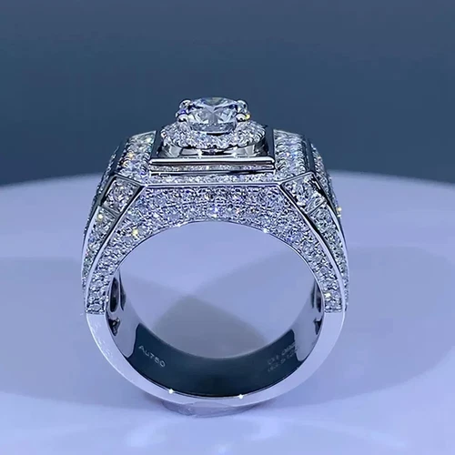 3.20Ct Round Cut Moissanite Men's Halo Pinky Ring 14K White Gold Plated Silver - Picture 4 of 7