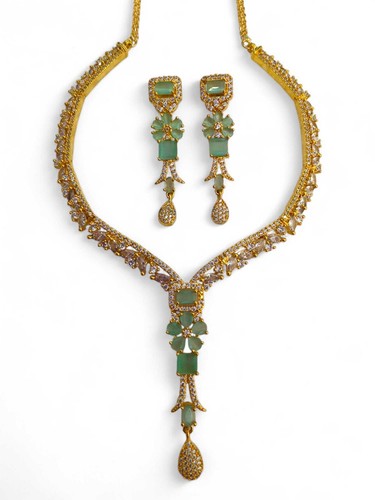 Gold Plated Ethnic AD CZ Jewelry Earrings Necklace Bridal Set for women - 第 25/37 張圖片