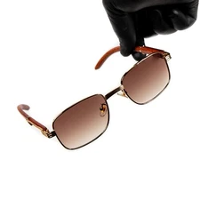 Vintage Mens Brown Tint Rimless Gold Frame Woodgrain Hip Hop Sunglasses
