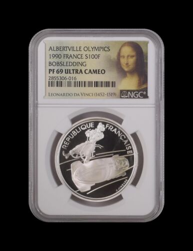 FRANCE. 1990, 100 Francs, Silver - NGC PF69 - Olympic Bobsledding RARE - Picture 2 of 5
