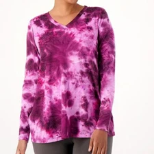 LOGO Lounge by Lori Goldstein 1X Purple Brushed Tie-Dye V-Neck Long Sleeve Top