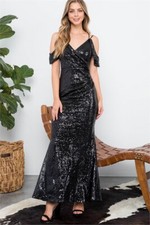 Black Sequin Cold Shoulder Maxi Dress Gown Size Medium Evening Gown Cocktail