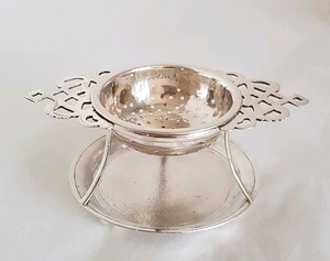 Antique Chinese Export silver loose tea strainer & stand .By Zee Wo
