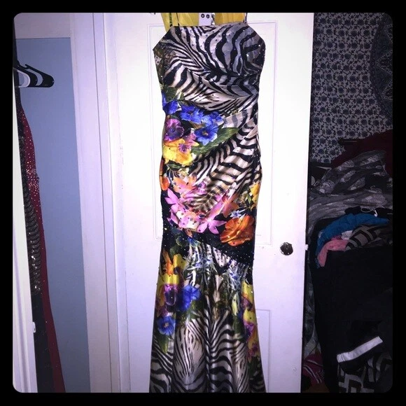 NIGHT MOVES Pageant Evening Gown Prom ZEBRA FLORAL Strapless Dress Sz 2 ❤️ts17j2 - Image 2 of 4