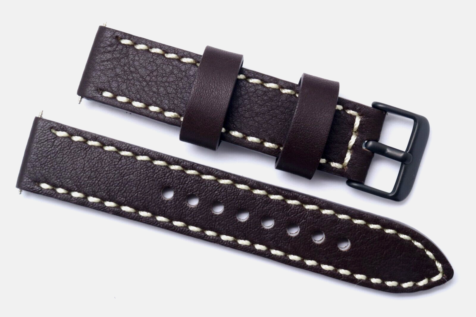 20mm 22mm Brown Quality Leather Contrast Stitch Watch Band Black Tone Buckle