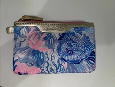 Lilly Pulitzer Wallet Pink Blue Zip ID Case Gold Tone Keychain Card Holder READ