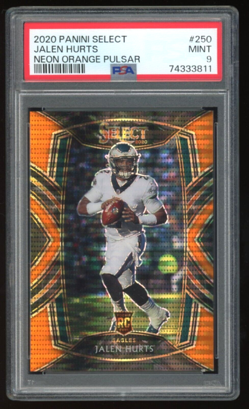 2020 Select Jalen Hurts Neon Orange Pulsar Prizm 7/7 RC #250 PSA 9 Rookie Card