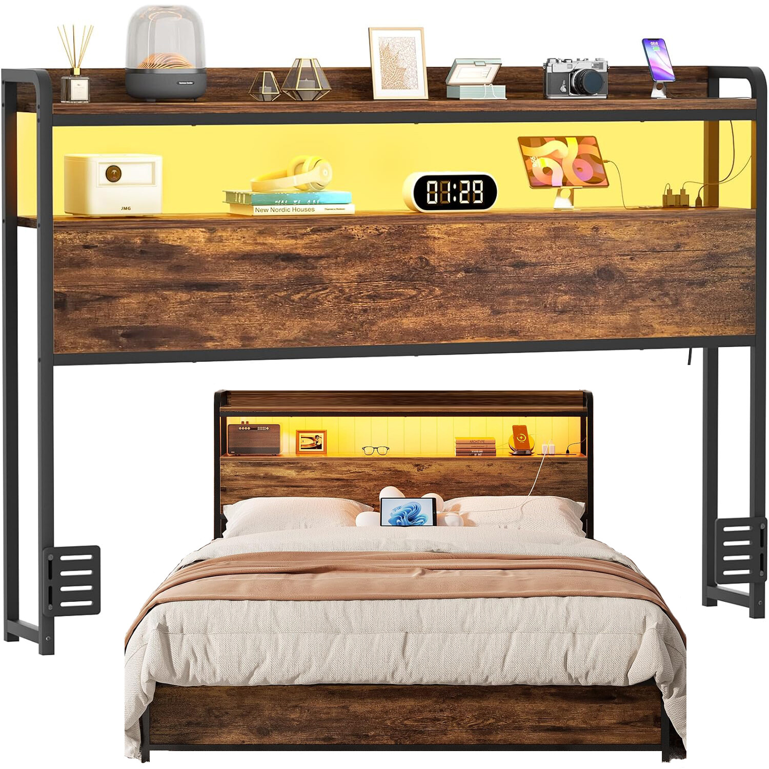 Homieasy Adjustable Headboard with Power Outlets, LED Lights, and Storage-image