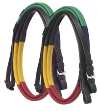 English Bridle Schooling Reins - Rainbow Rubber Grip - Black or Brown Leather