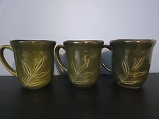 3 STUDIO JCP Home Collection Coffee Mugs Cups Stoneware Green Leaf Pattern