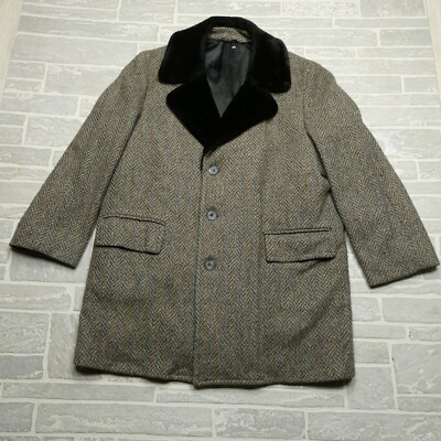 #ad VINTAGE Wool Tweed Coat Mens XL Gray Blue Glenoit Fabric Mankato Minnesota $59.95