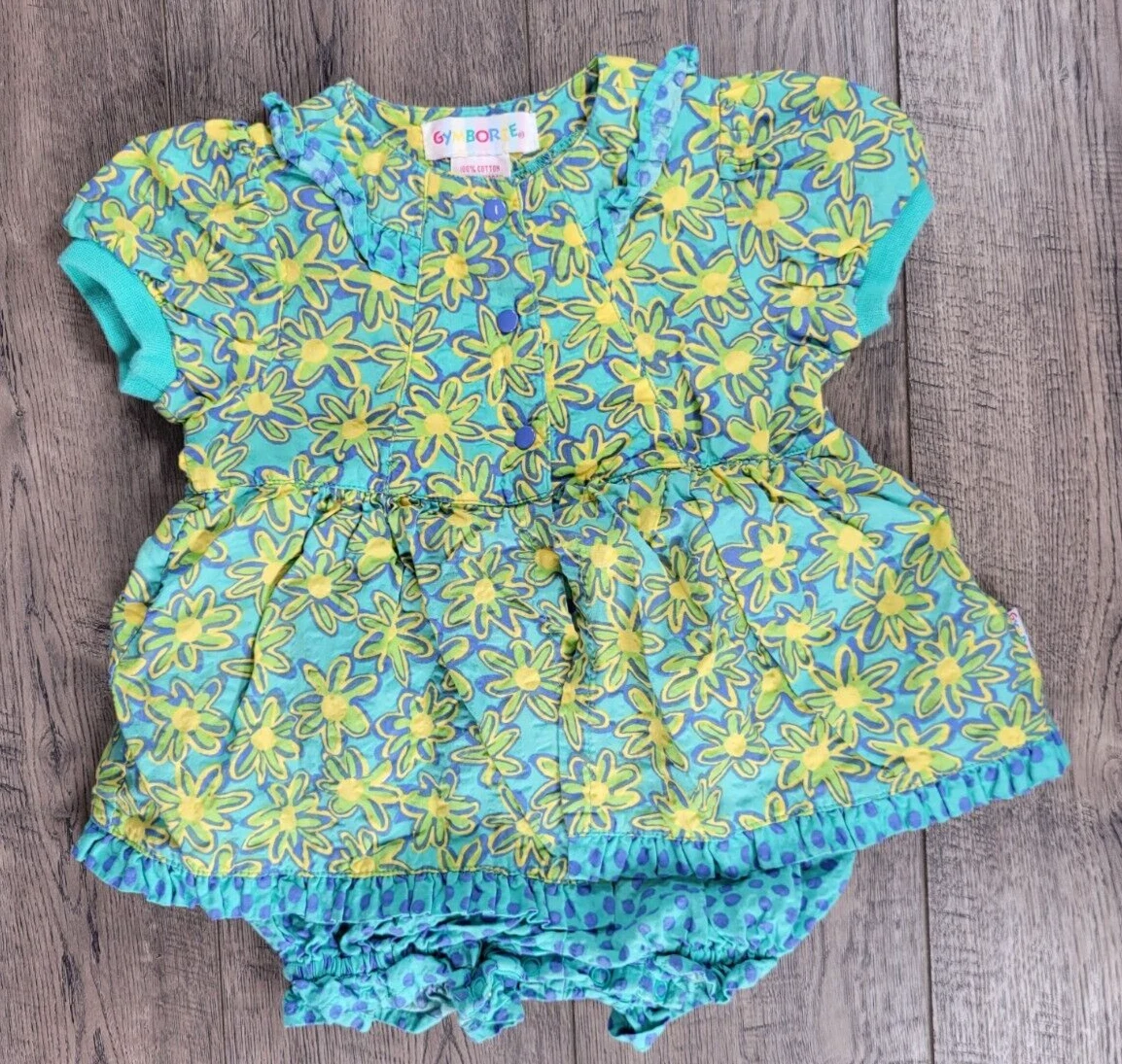 Baby Girl Vintage Gymboree Rainbow Tag Infant Green Blue Flower Romper Outfit