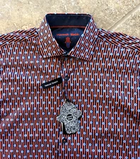 Luchiano Visconti Casual Shirt Men' S Orange & Navy Floral Striped L/S $125 NWT