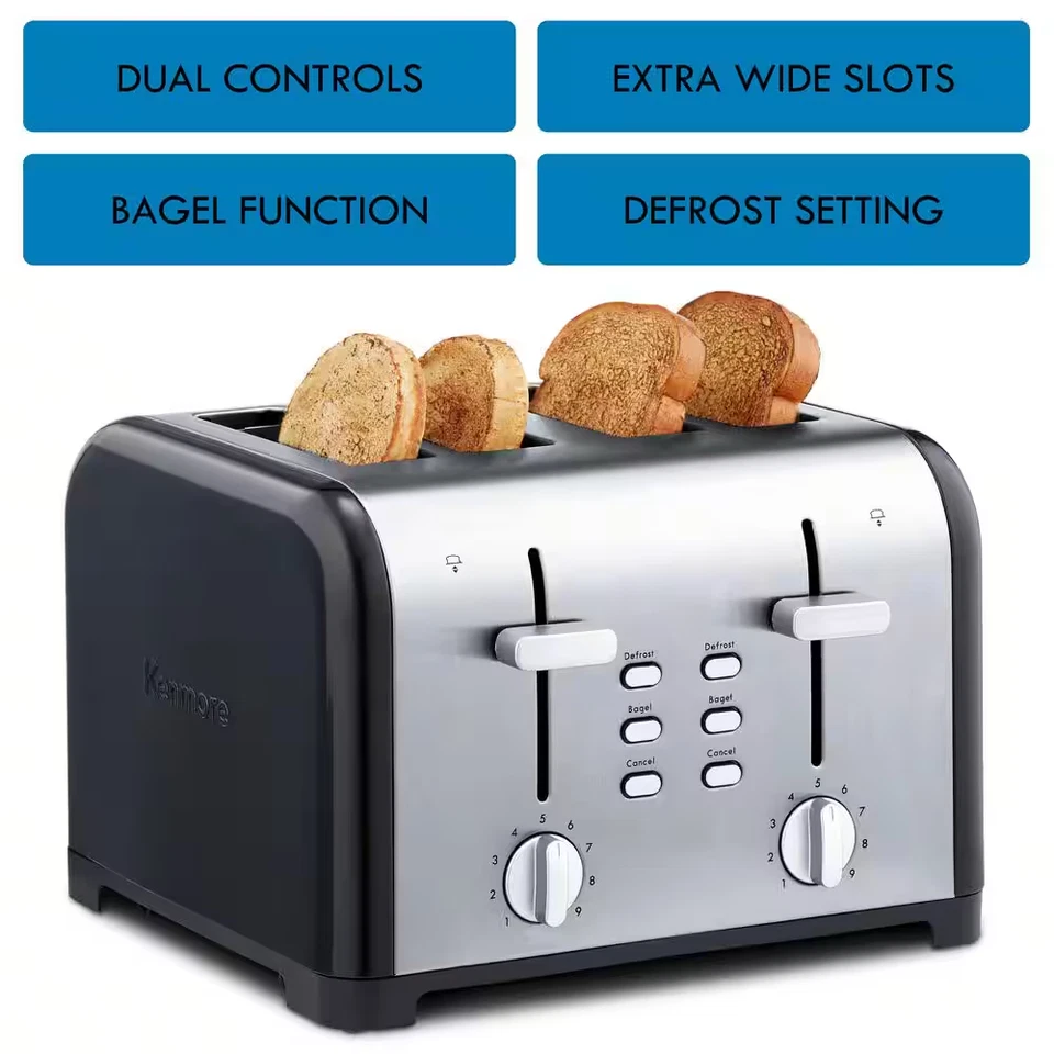 Tostadora KENMORE 4 rebanadas ranura ancha negra/acero inoxidable bandeja para migas 1400 vatios Foto 3 de 4