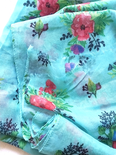 Scarf Womens Floral Green Blue Red 97 X 185cm Rectangle Rolled Edge Fringed Soft - Picture 3 of 4