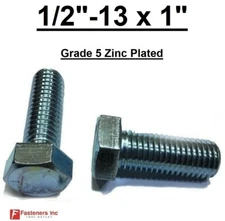1/2-13 x 1" (FT) Hex Bolt Zinc Plated Grade 5 Cap Screw Coarse Thread