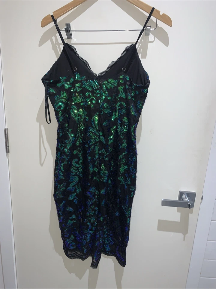 New Bnwt Angel Biba Dress Size 12 Sequined Blue Green Black Stretch - image 3 of 4
