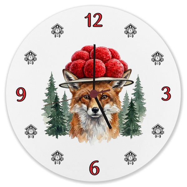 Rotfuchs Mit Bollenhut Wanduhr Aus Alu Schwarzwald Motiv-image