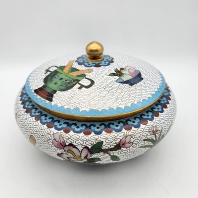 VTG Chinese Cloisonne Enameled Brass Lidded Jar Trinket Box Dish Teacup Cloud 7''
