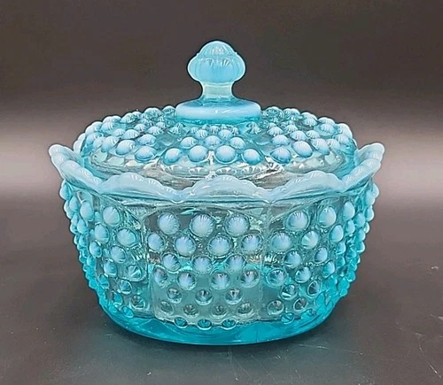 VTG FENTON Blue Opalescent HOBNAIL GLASS CANDY DISH WITH LID