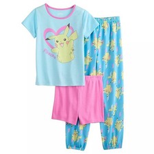 Girl's Pokemon Pickachu 3-Piece Short-Sleeved Character Pajama Set
