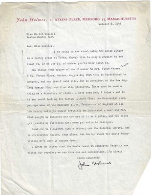 1944 John Clellon Holmes Signed Letter Poetry Prize Tufts Beat Poet Autograph