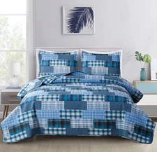 Plaid Quilt Set King Size, 3-Piece Blue Patchwork Bedspread Coverlet Set Reve...