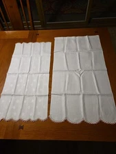 2 Vintage Linen Dresser Scarves/Runners w/Hand Crocheted Pink Ends 33x18 & 30x15