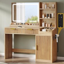 Fluted Makeup Vanity Desk with Large 27" Mirror Lights Modern Big Makeup Table