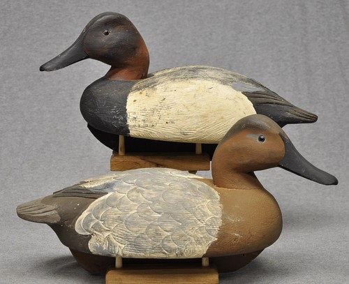 CANVASBACK PAIR duck decoys GREAT FEATHER & WING CARVINGS HOLLOW ORIG.PT "RCL"