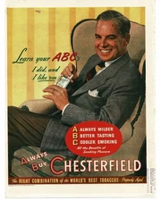 1946 Chesterfield Cigarettes ABC Man Relaxing in Wing Chair Vintage Print Ad