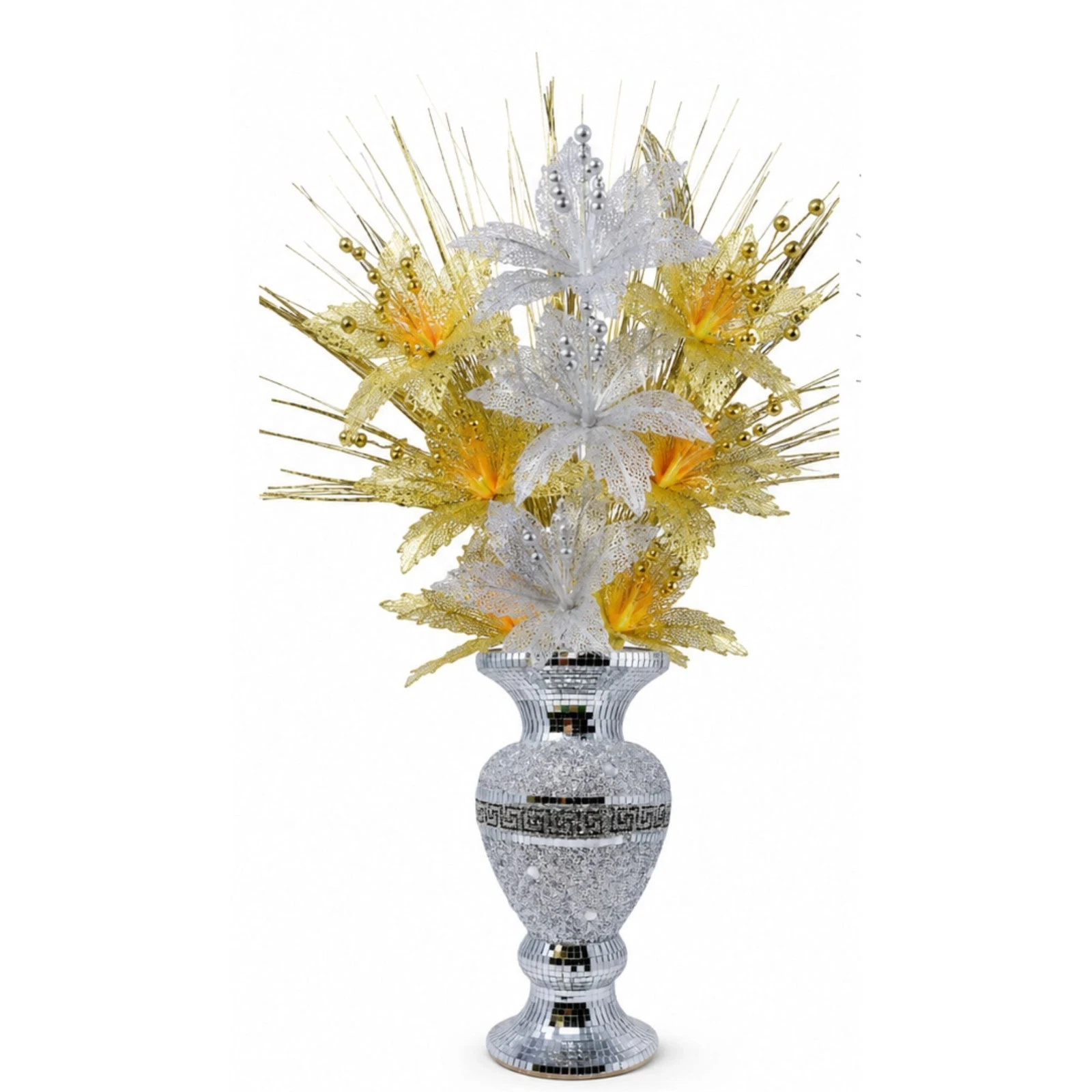 Yellow & Silver Artificial Flower Arrangement with Mirrored Crushed Diamon
