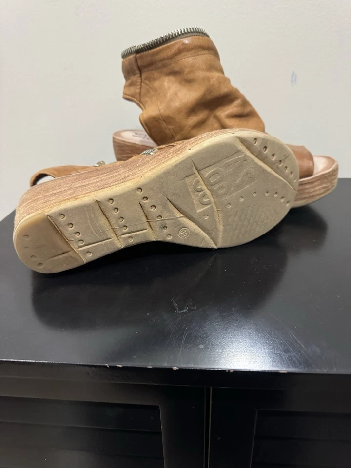 AS 98 Naylor Sandalias Cuña Talla 39 8.5-9 Marrón Tostado Cuero Peep Top Detalle Cremallera Foto 4 de 4