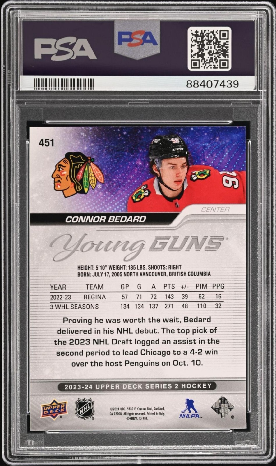 2023-24 Upper Deck Young Guns #451 Connor Bedard PSA 10 ONE OF THE FIRST GRADED view 2