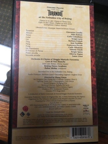 Turandot at the Forbidden City of Beijing Puccini Mehta Casolla Bottion VHS EX - Picture 3 of 5