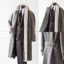 Men Long Overcoat Gray Herringbone Wool Blend Coat Winter Business Outwear