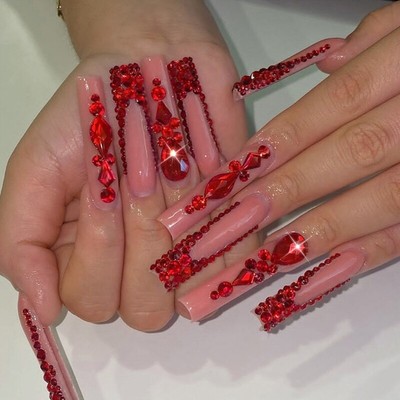 24pcs Long Square Press On Nail with Rhinestones Designs on Nail for Women