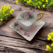 Vintage Miniature Square Tea Cup  Saucer Pink Floral Occupied Japan Collectible
