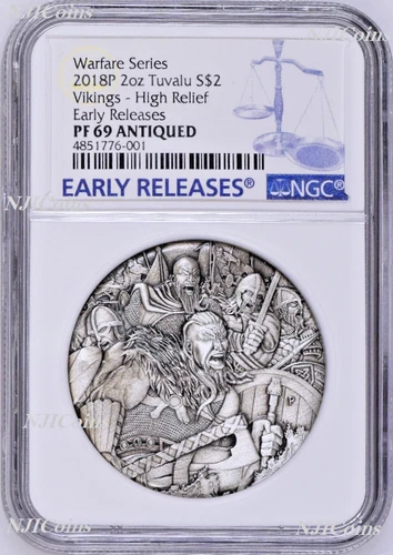2018 P Tuvalu Warfare - Vikings ANTIQUED 2Oz Silver $2 3D COIN NGC PF69 ER