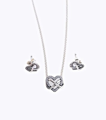 NEW PANDORA Sparkling Infinity Heart Stud + Necklace Jewelry Gift Set B802095