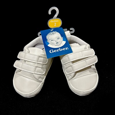Gerber Baby Shoes Sneakers White Hook & Loop Size 2 Unisex Easy On/Off NEW