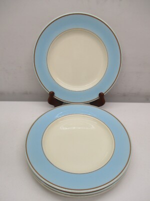 Homer Laughlin SOLITUDE Set Of 4 Dinner Plates 10'' Ivory W/Blue Banned Rim H-81