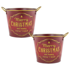 Tin Pail Planter 2Pcs 15cm Metal Christmas New Year Red Plant Pot Gold Decor 