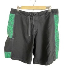 Vintage Happy Shirts Board Shorts USA Hawaiian Blue Paisley Green Panel Sz 36