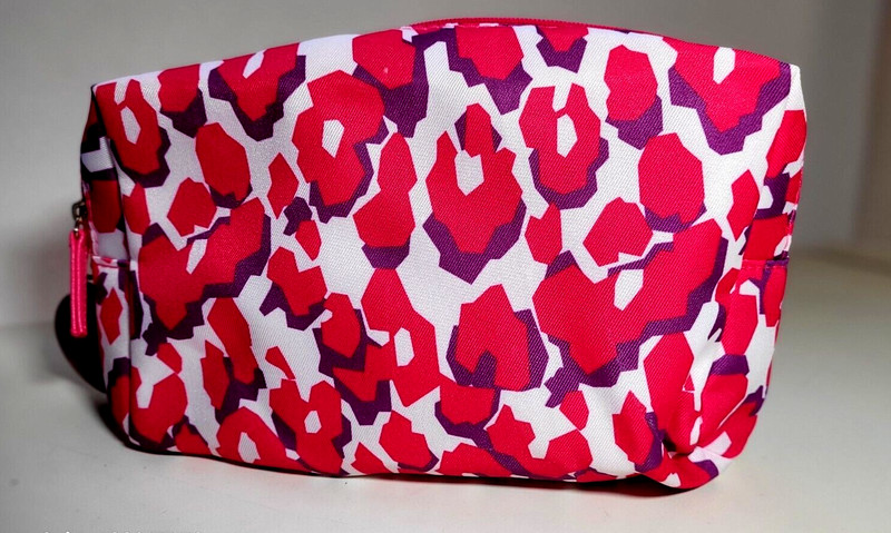 Estee Lauder Pink Purple Leopard Print Makeup Bag-Zipper w/Leather Monkey Pull