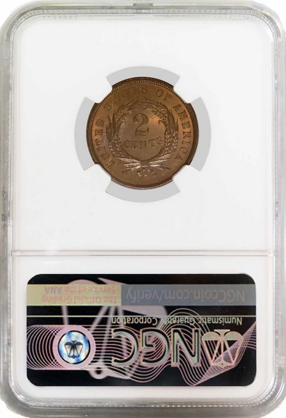 :1865 SHIELD TWO CENT GEM BU NGC MS65RB(RED OBV) LOW POP RARIETY R4 HIGH GRADES - Image 2 of 4